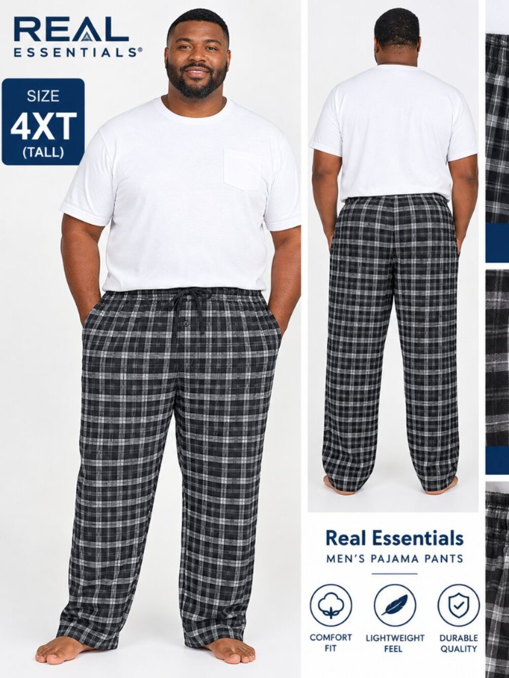 Real Essentials Men’s Black Plaid Pajama Pants 4XT Tall Plus Size Sleepwear
